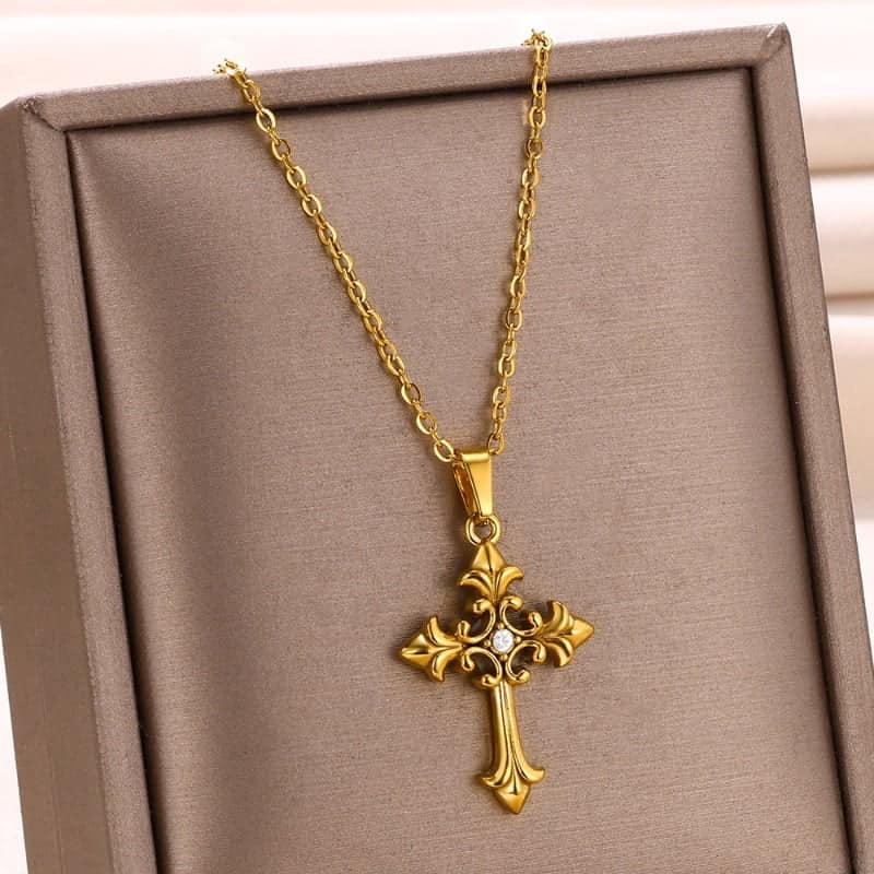 Κολιέ επιχρυσωμένο ατσάλι με σταυρό και zircon-NE089