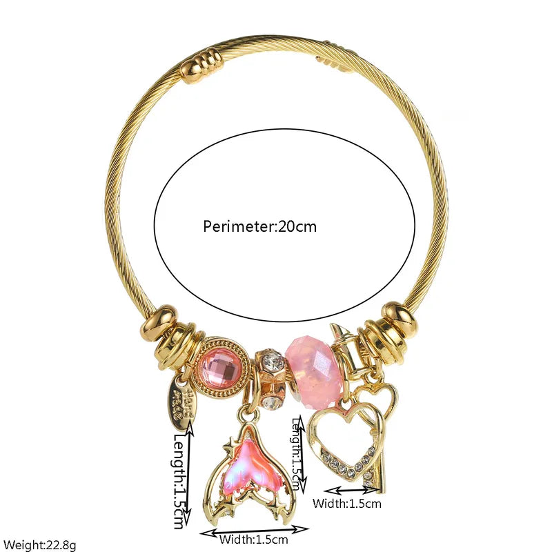 Βραχιόλι επιχρυσωμένο ατσάλι με zircon και ροζ charms-BR357