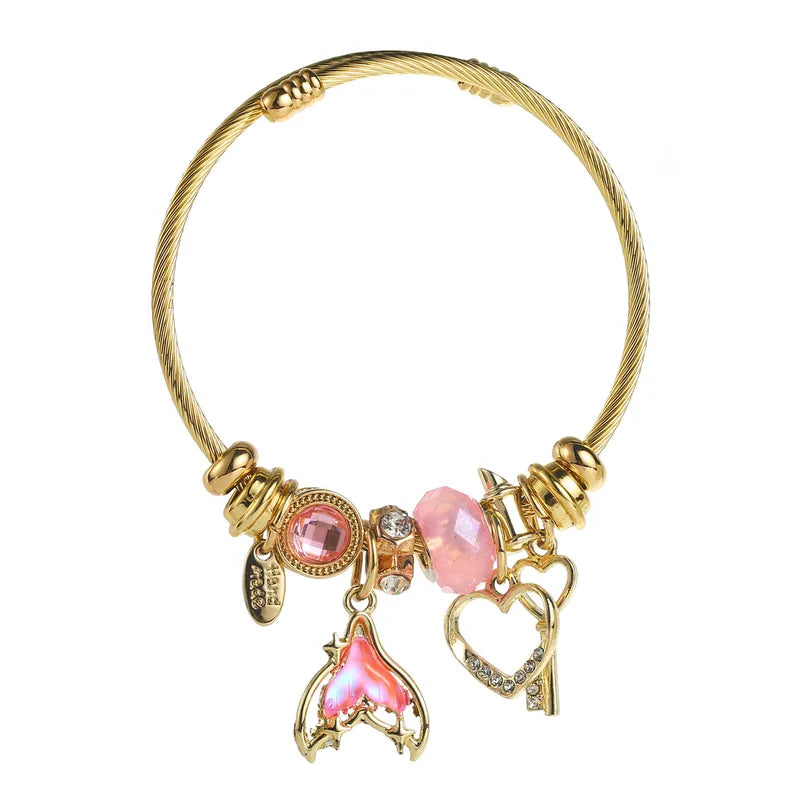 Βραχιόλι επιχρυσωμένο ατσάλι με zircon και ροζ charms-BR357