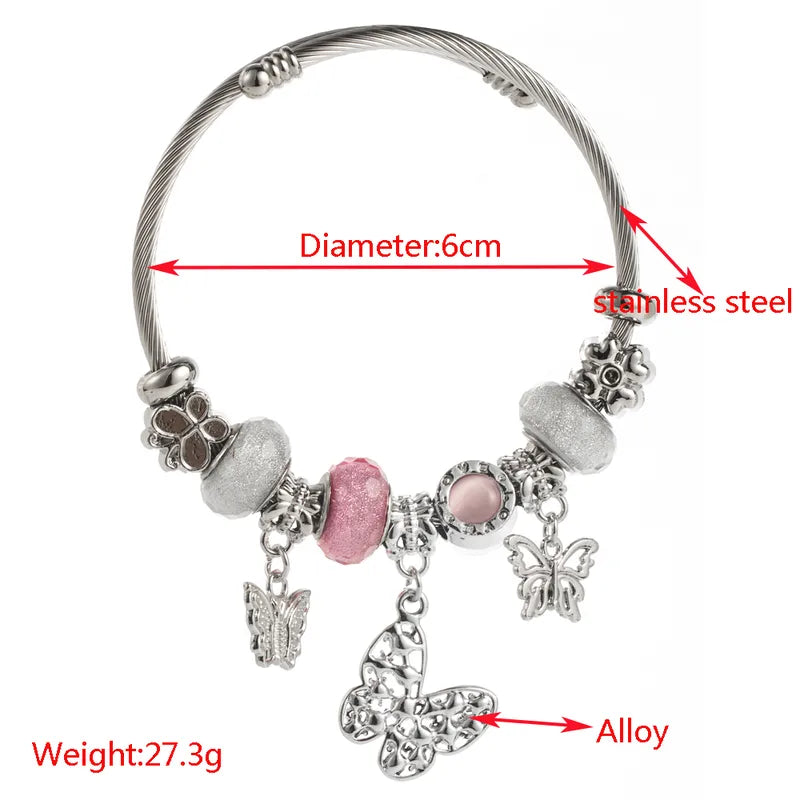 Βραχιόλι ατσάλινο bangle με πεταλούδα ροζ -BR213