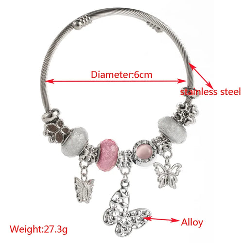 Βραχιόλι ατσάλινο bangle με πεταλούδα ροζ -BR213