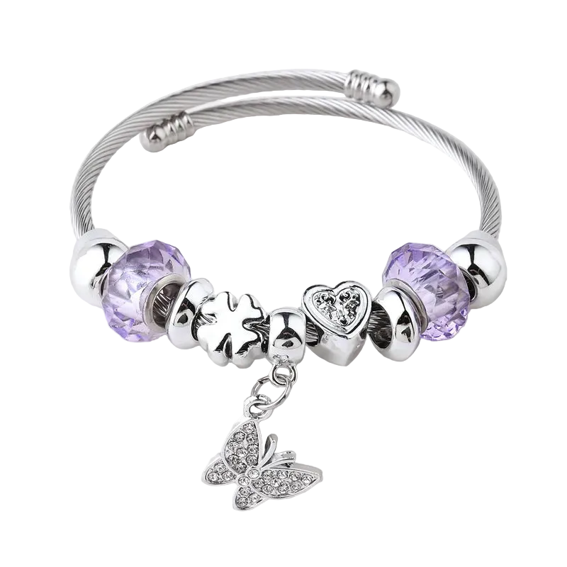 Βραχιόλι ατσάλινο bangle με πεταλούδα μωβ -BR137