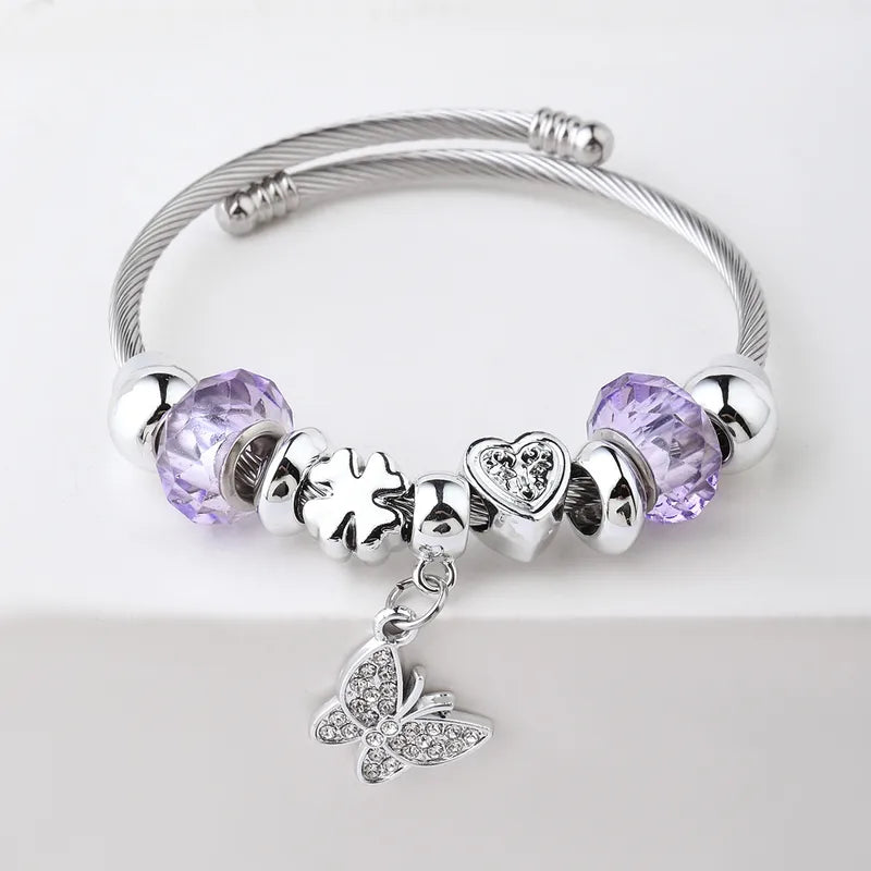 Βραχιόλι ατσάλινο bangle με πεταλούδα μωβ -BR137