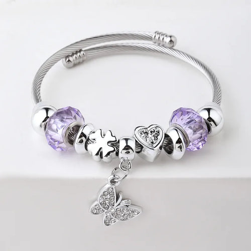 Βραχιόλι ατσάλινο bangle με πεταλούδα μωβ -BR137