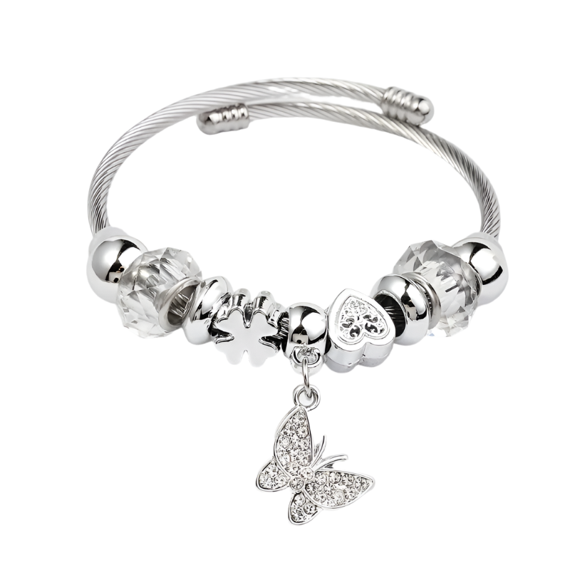 Βραχιόλι ασημί ατσάλι bangle με πεταλούδα κα κρύσταλλα-BR292