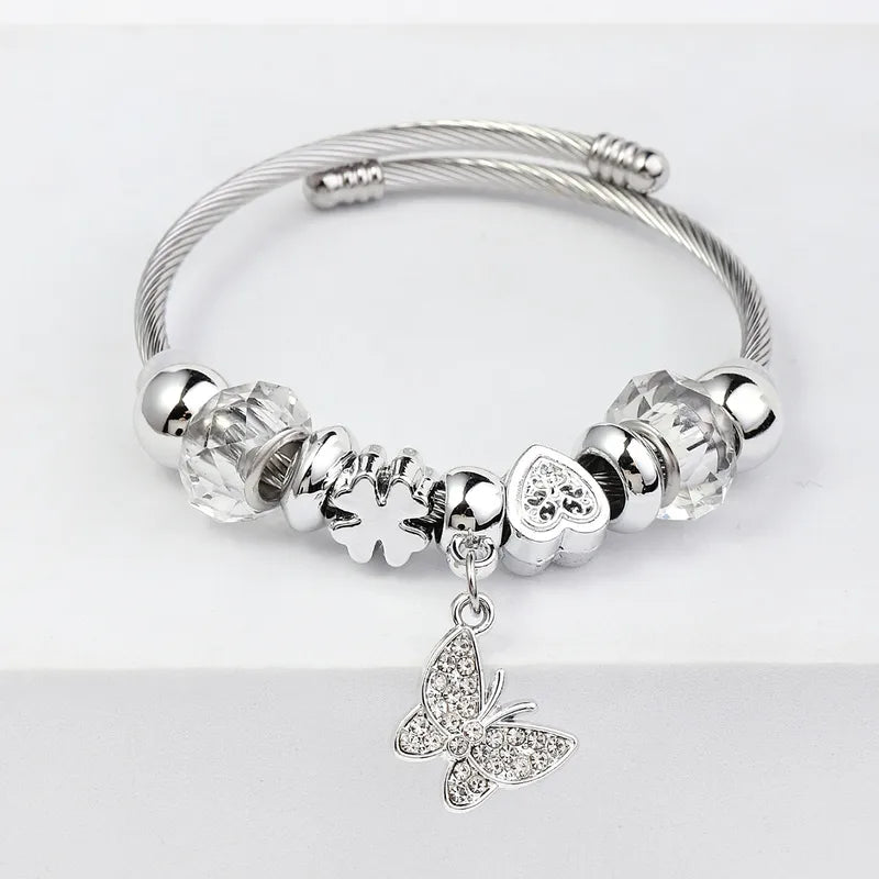 Βραχιόλι ασημί ατσάλι bangle με πεταλούδα κα κρύσταλλα-BR292