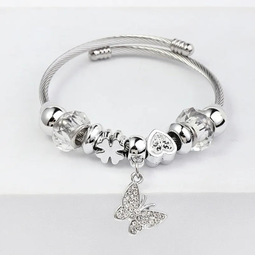 Βραχιόλι ασημί ατσάλι bangle με πεταλούδα κα κρύσταλλα-BR292