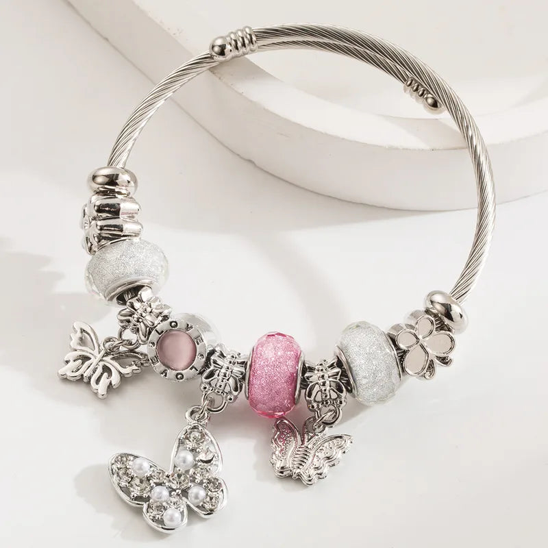 Βραχιόλι ατσάλινο bangle με πεταλούδα ροζ -BR213