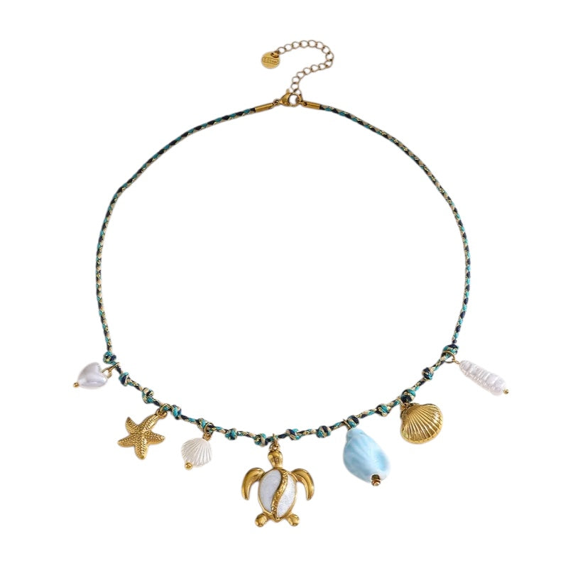 Κολιέ με μπλε σχοινί και charms - NE673