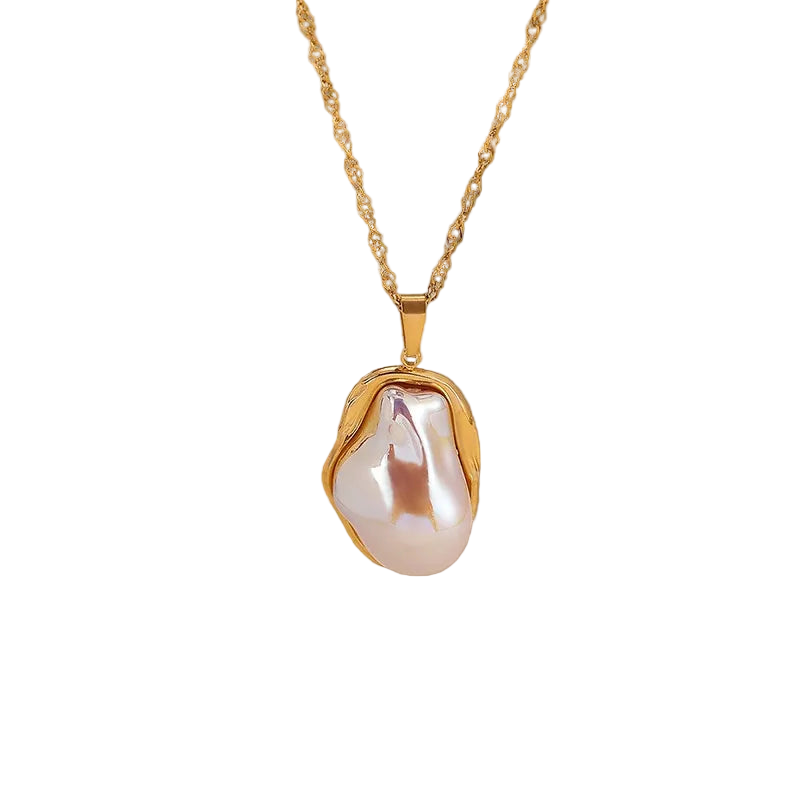 Κολιέ χρυσό ατσάλι με πέρλα λιωμένη-NE028